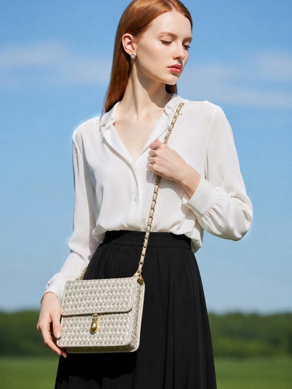 Genuine Leather Beige Silver Cream Woven Crossbody Bag with Gold Accent